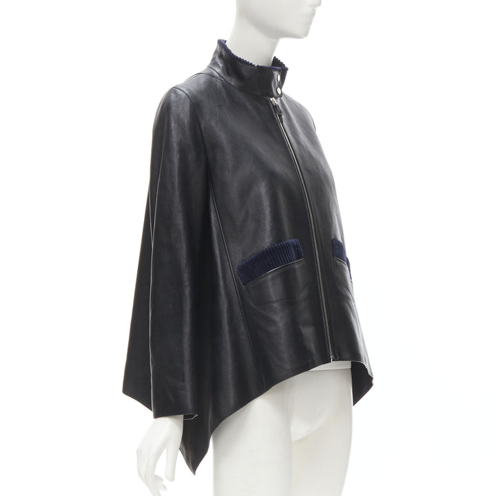 HERMES black calfskin leather navy corduroy trim cape flared leather jacket FR36