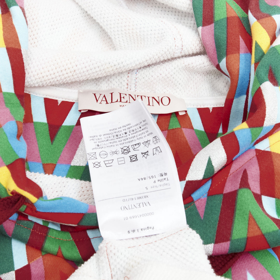 VALENTINO V Optical graphic logo silver foil oversized cropped cotton hoodie S