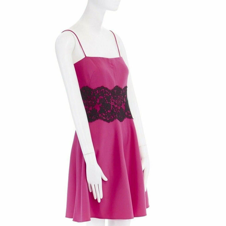 VALENTINO pink wool blend black lace trimmed waist flared skirt dress IT42 M