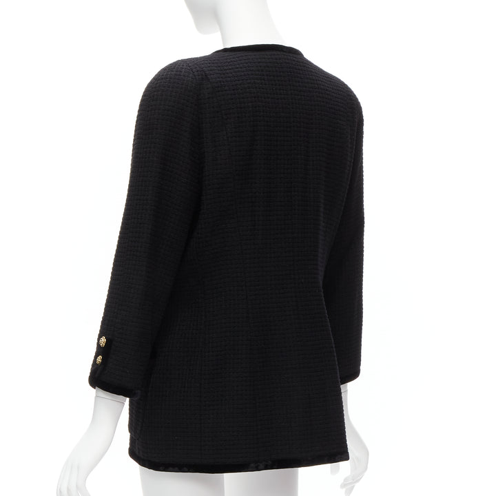 CHANEL Collection 23 1989 Vintage camellia button velvet black tweed jacket FR40