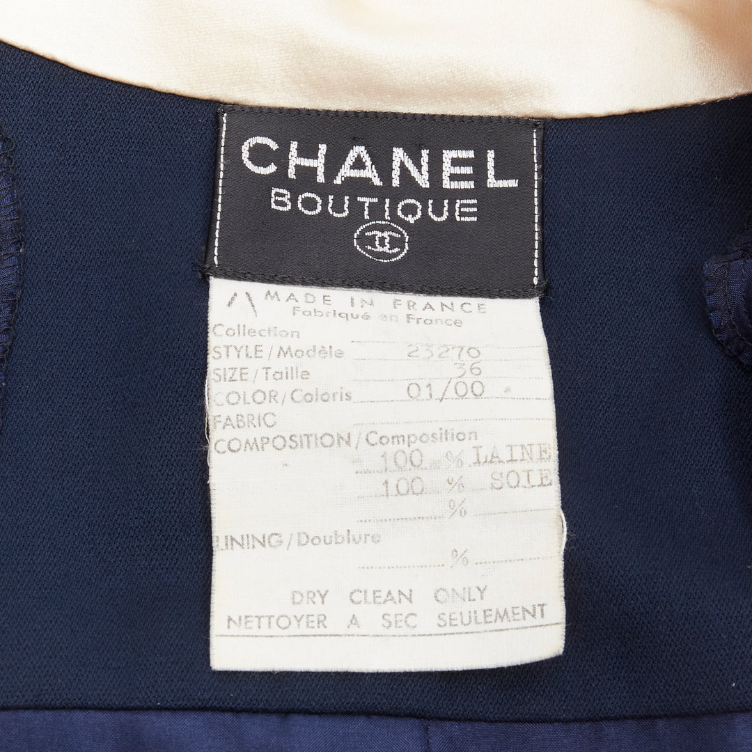 CHANEL Vintage gold pearl button cream navy two tone wool silk dress FR36 S