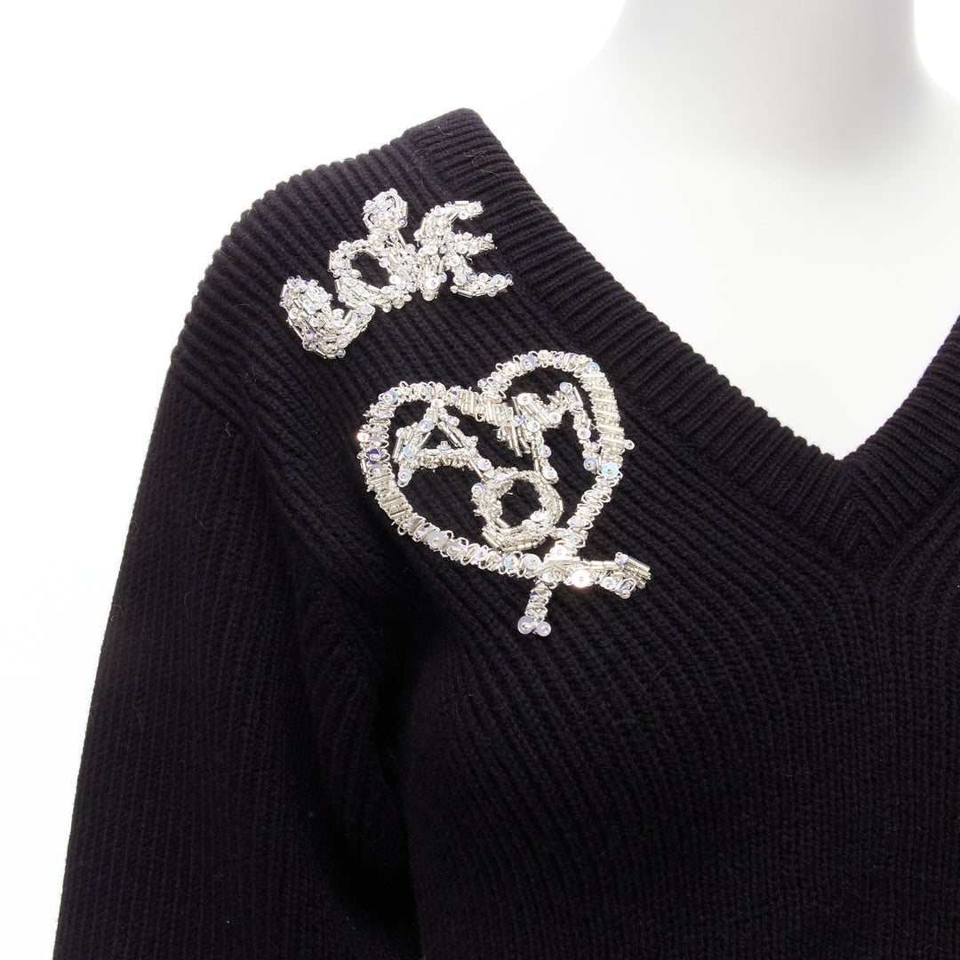 ALEXANDER MCQUEEN 2022 black logo beads embellished peplum ribbed sweater S