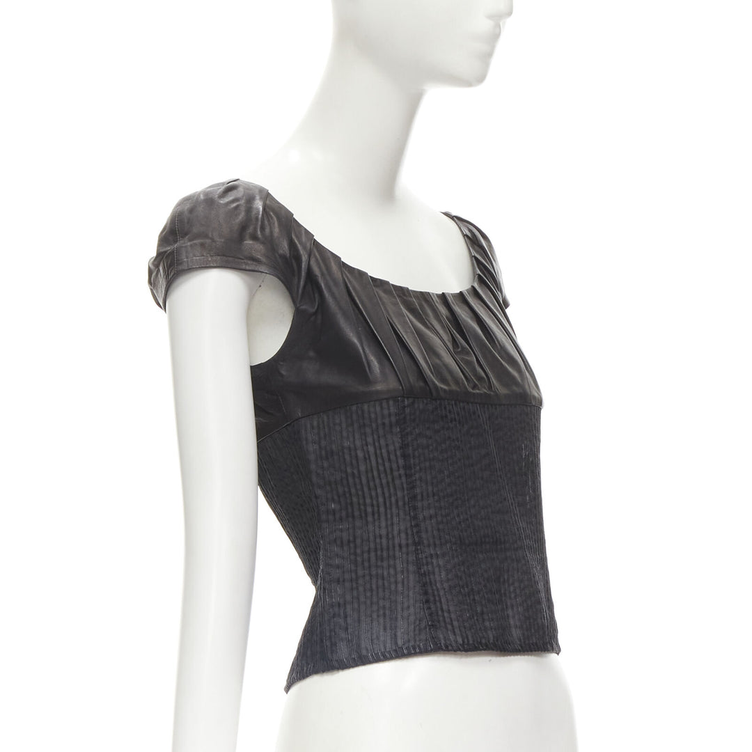 GUCCI TOM FORD Vintage black leather cap pleated sheer waist top S
