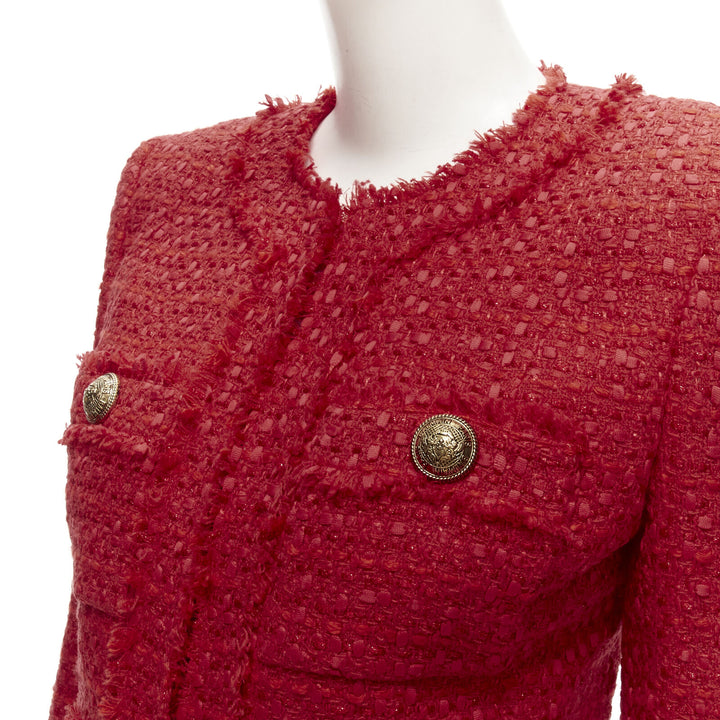 BALMAIN red tweed gold military button 4 pocket power blazer jacket FR34 XS