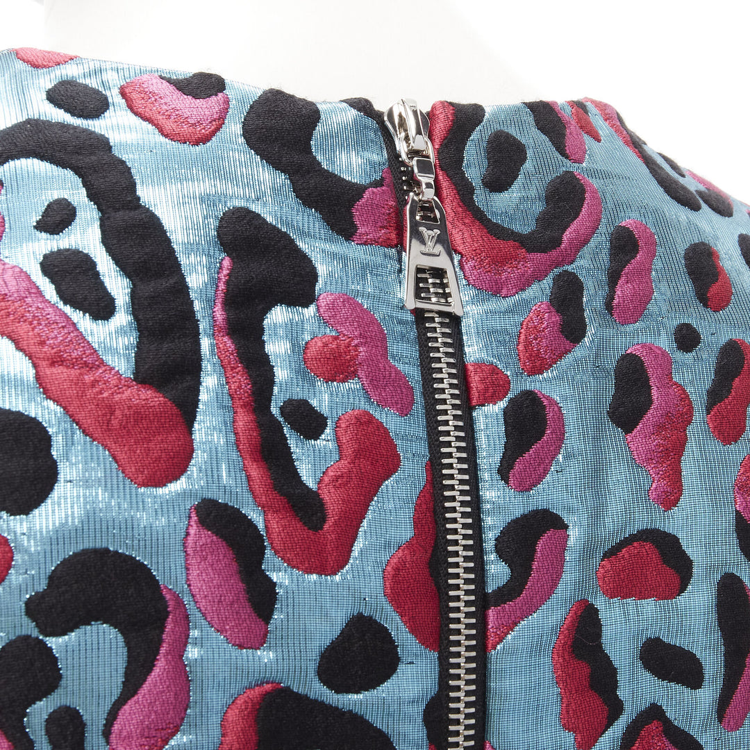 LOUIS VUITTON 2022 metallic blue pink leopard jacquard strap belt dress FR34 XS