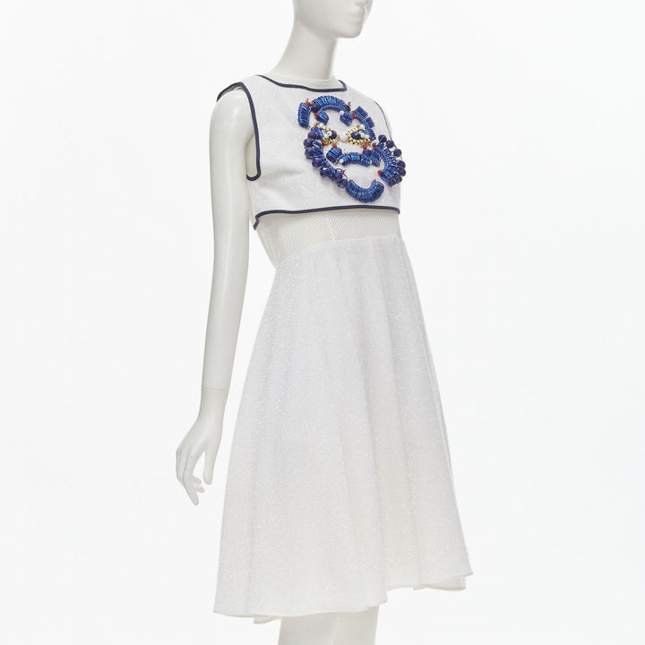 KIRSTY WARD white metallic tinsel blue wire bead embellished dress UK10 M