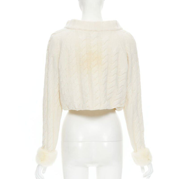 ANNA MOLINARI wool angora cream knit crystal button fur cuff cardigan IT40 S
