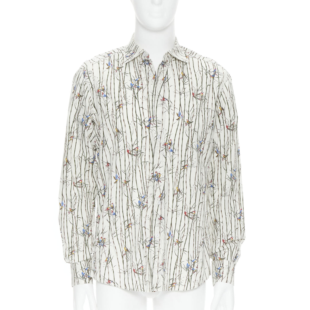DOLCE GABBANA white sparrow bird bamboo print cotton shirt EU40 L