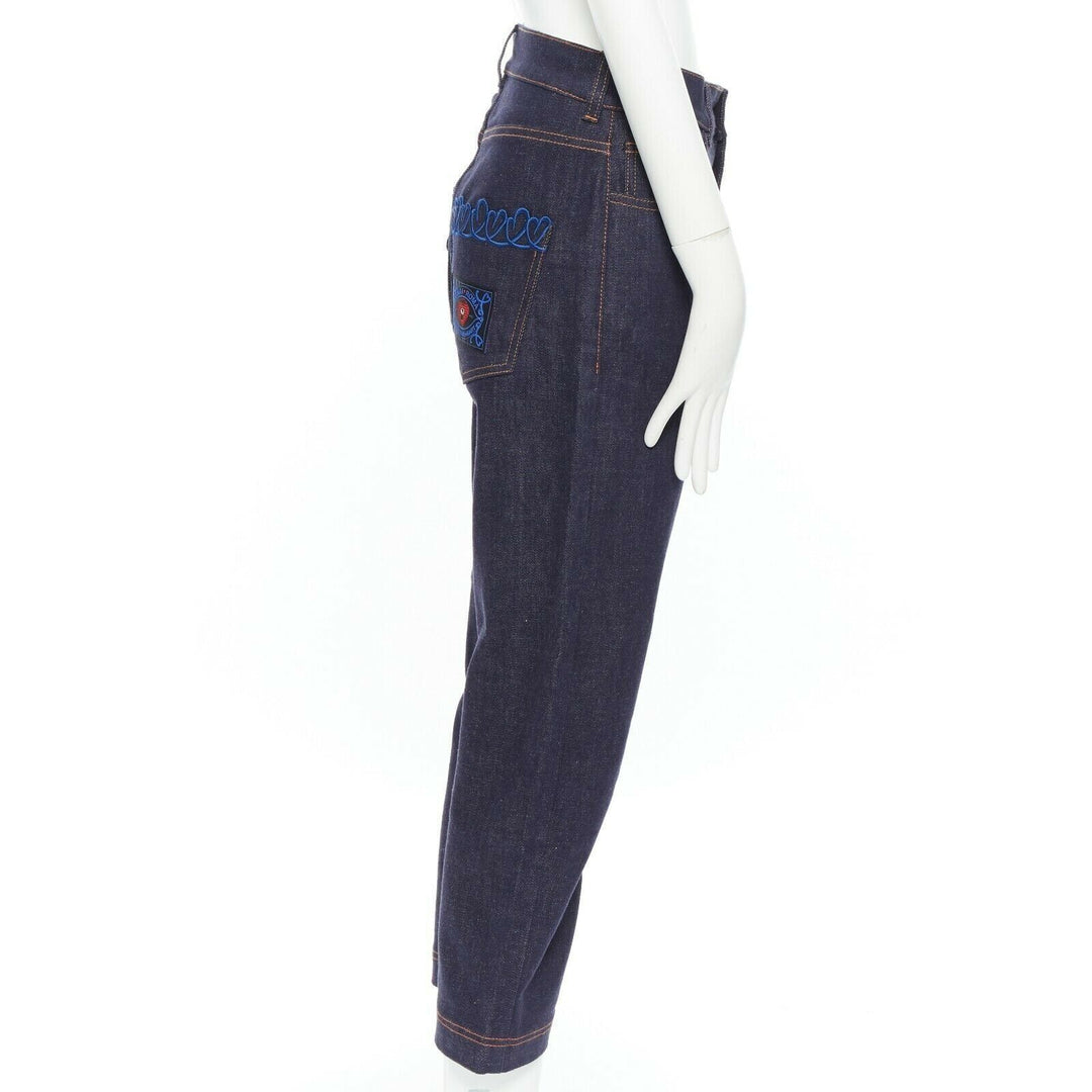 FENDI PF18 indigo blue crisp denim straight jeans 3/4 heart embroidery IT40 S
