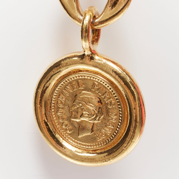 CHANEL gold tone CC logo medallion coin chunky double chain drop belt