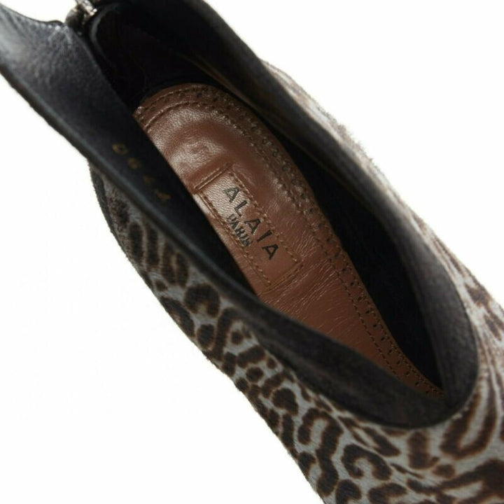 ALAIA blue black leopard print calf hair suede angular wing back bootie EU39.5