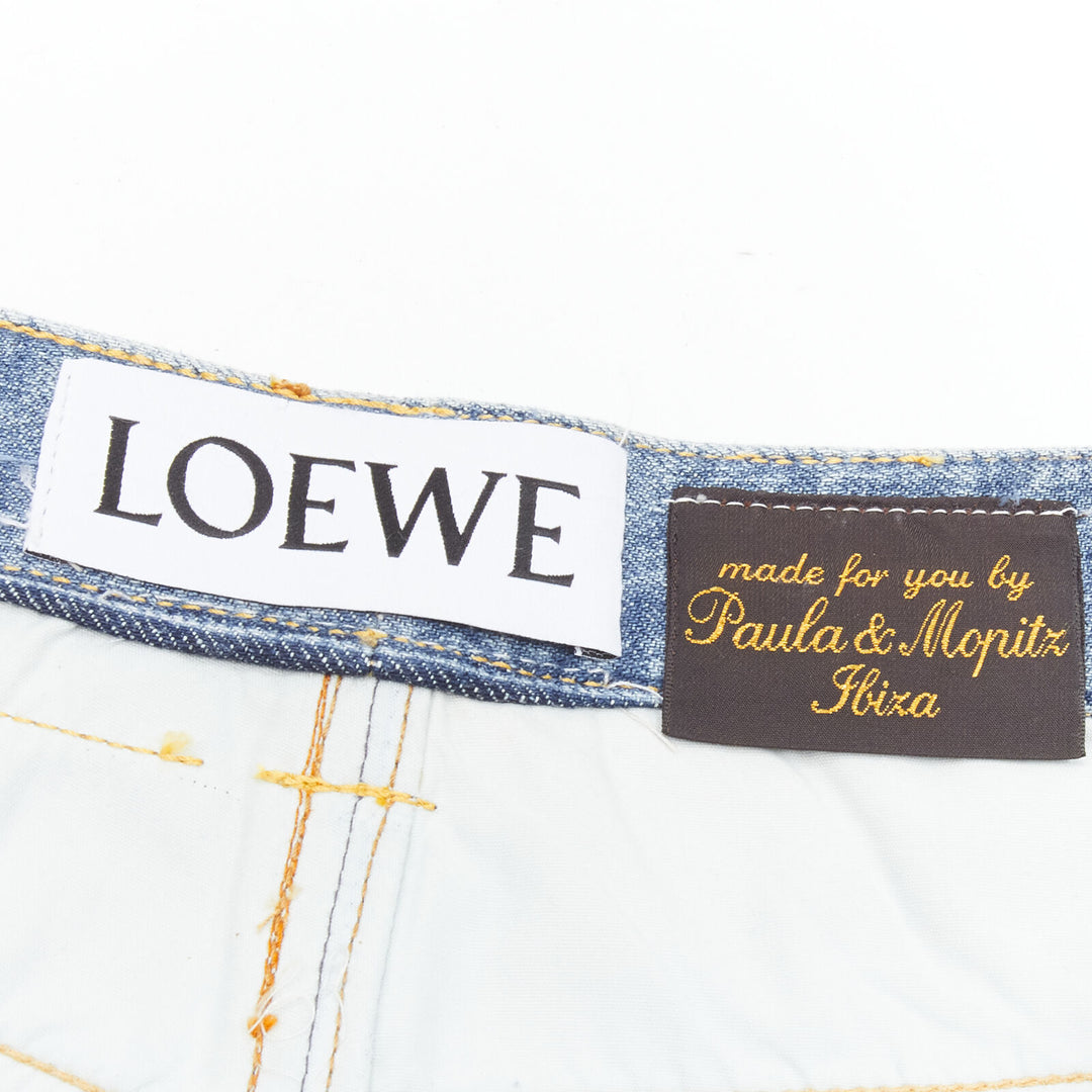 LOEWE PAULA'S IBIZA blue denim mixed sequins patchwork cut off shorts S