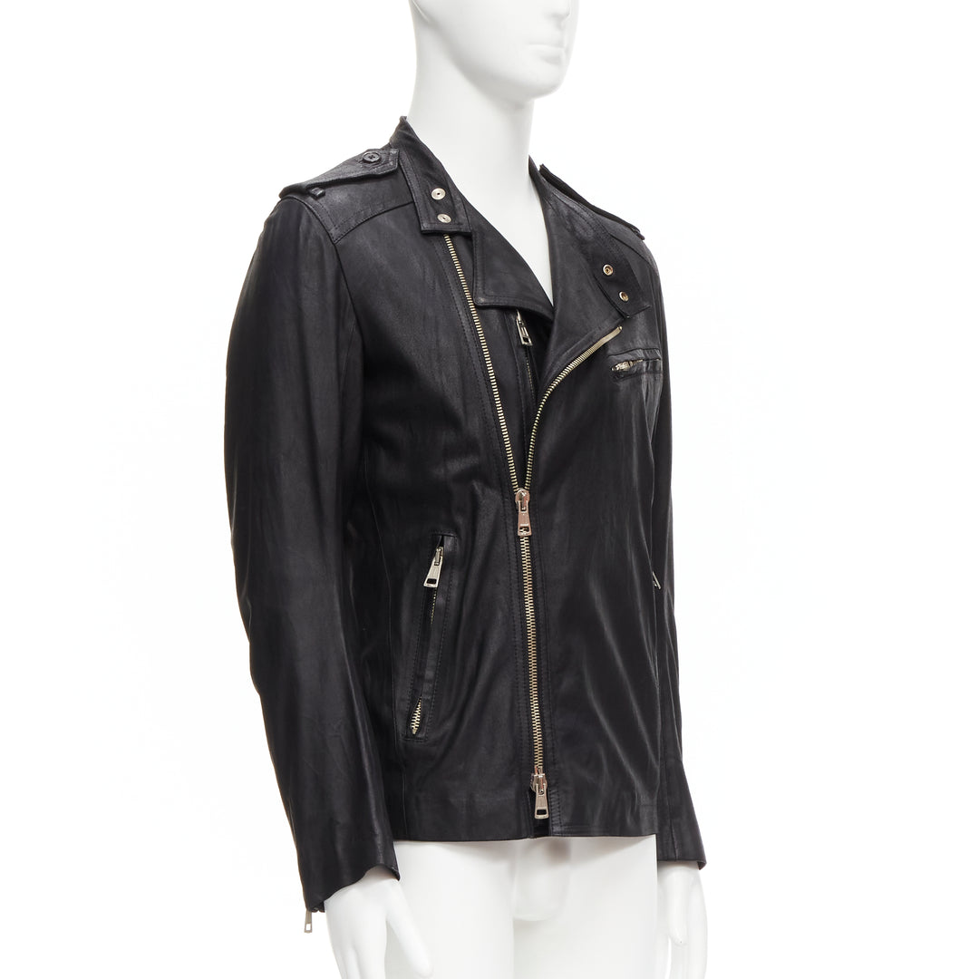 ANN DEMEULEMEESTER Vintage black washed leather classic moto biker jacket XS