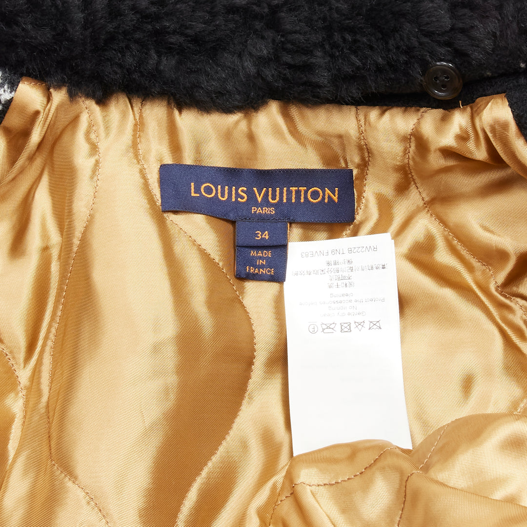 LOUIS VUITTON black LV logo intarsia argyle wool boxy aviator jacket FR34 XS