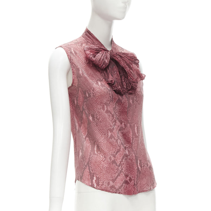 GUCCI TOM FORD Vintage 2000 pink scaled leather print bow collar blouse IT38 XS