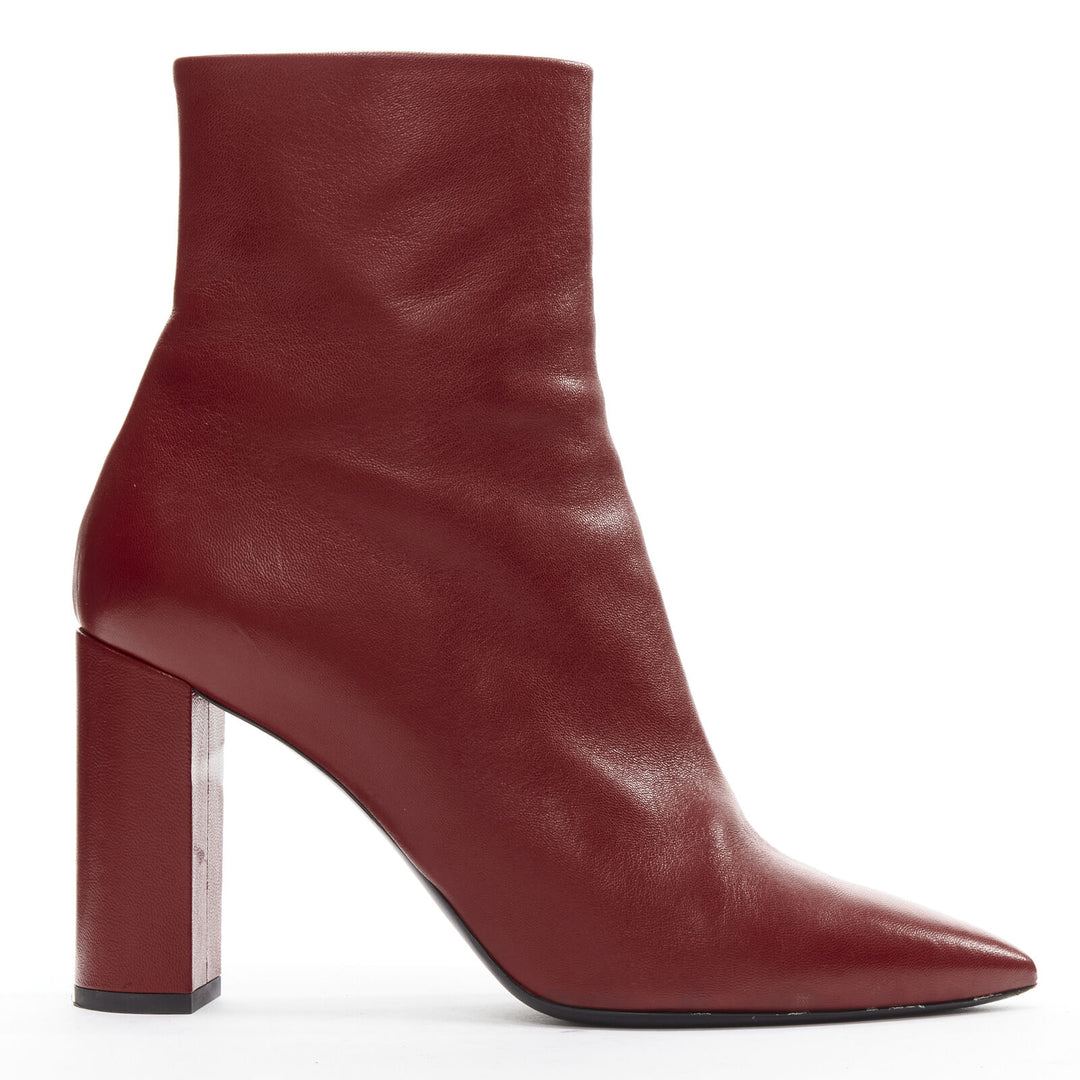 SAINT LAURENT red leather point toe block heeled ankle boots EU39 US9