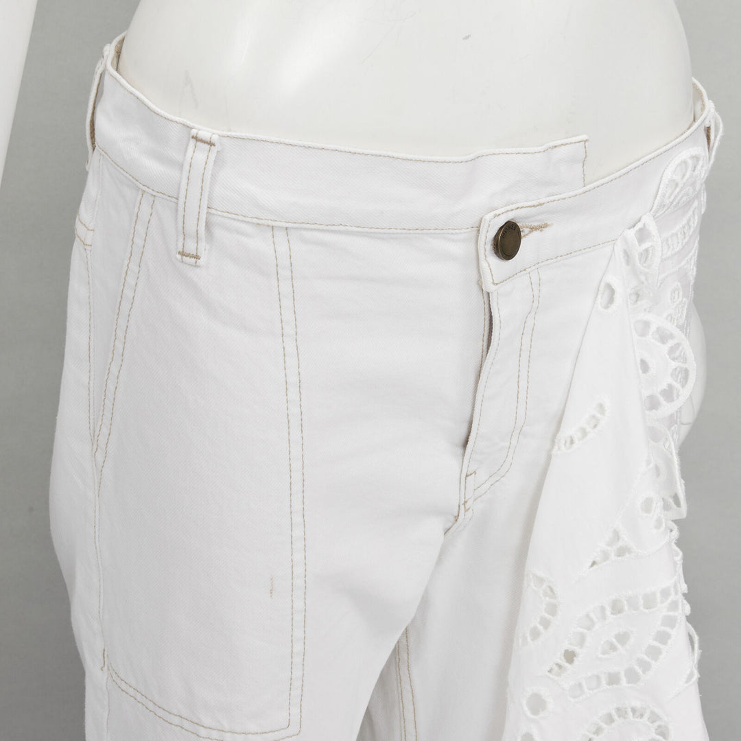 MONSE white denim cotton embroidery anglais draped trim straight leg jeans US2 S