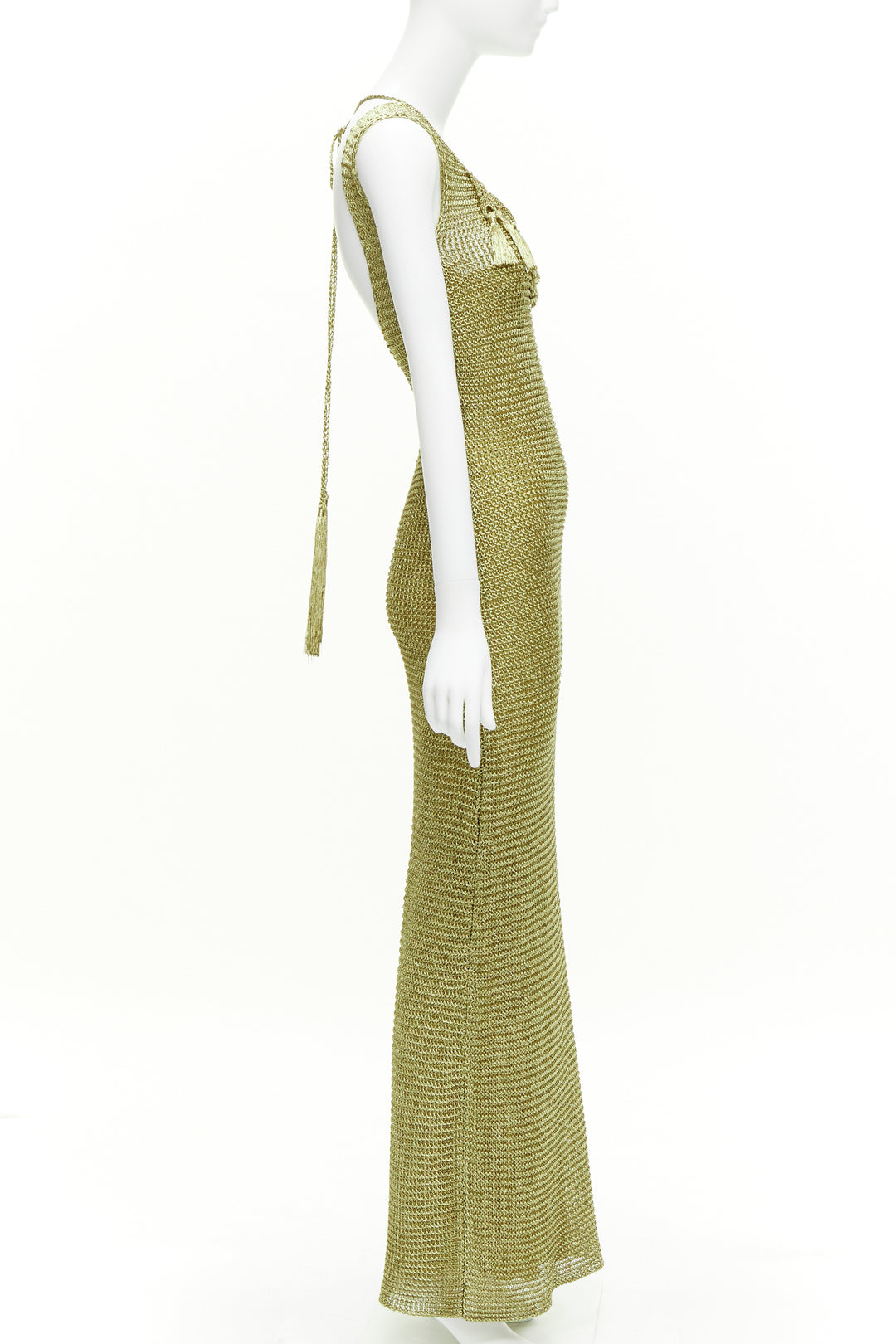 RALPH LAUREN PURPLE LABEL hand knit gold tassel crochet evening gown dress XS