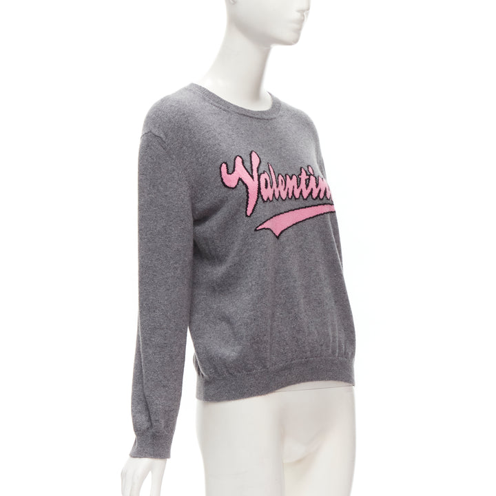 VALENTINO grey virgin wool cashmere pink cursive graphic logo sweater top M