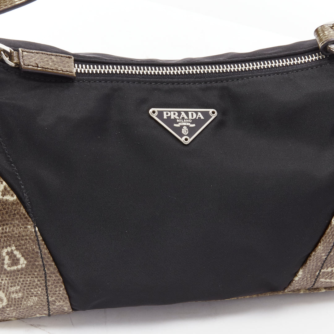 PRADA Vintage triangle logo black nylon khaki scaled leather trim underarm bag