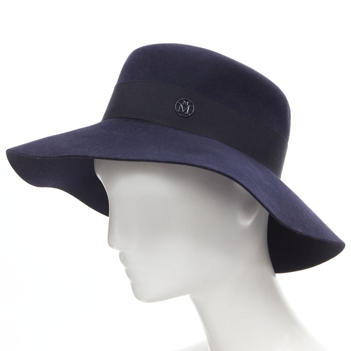 MAISON MICHEL navy blue black grosgrain M logo detail fedora hat S 56cm