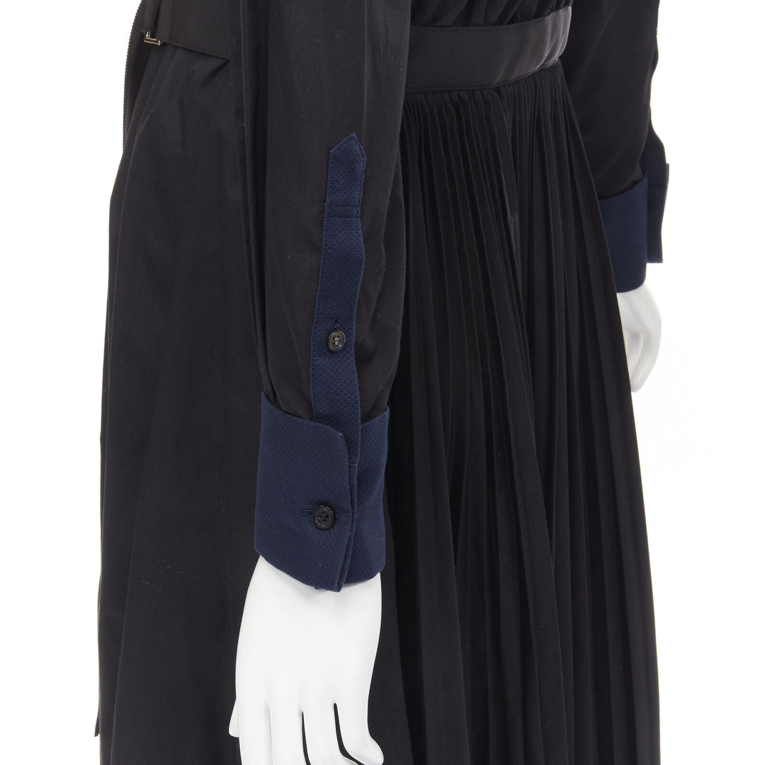 SACAI navy tuxedo bib collar black cotton pleated skirt belted midi dress JP2 M