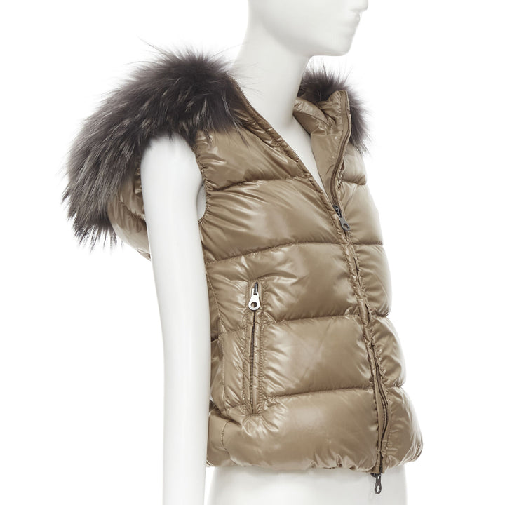 DUVETICA Pure Goose New Down brown fur hood padded vest  jacket  IT38 XS