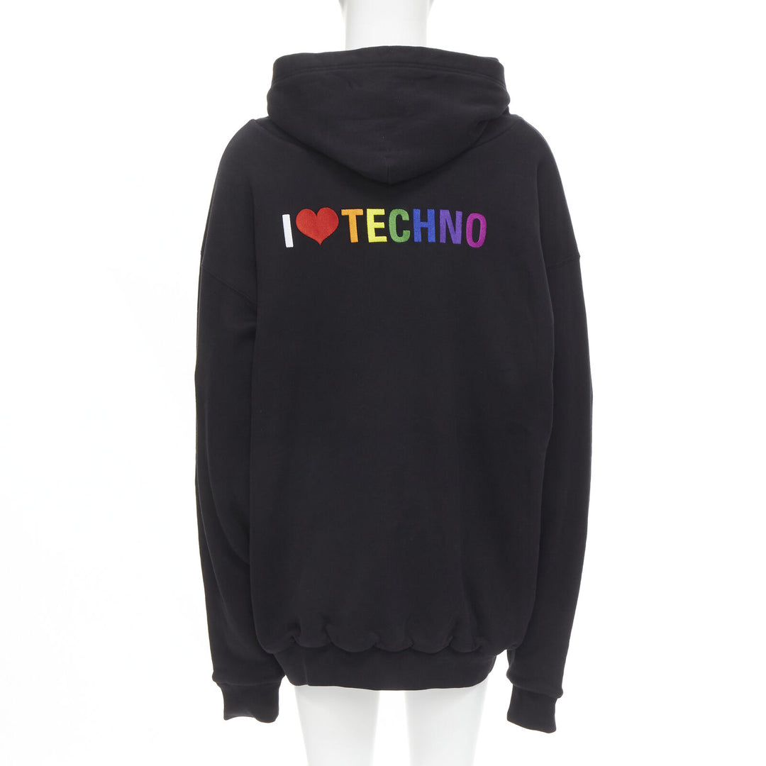 BALENCIAGA Demna 2018 black I Love Techno embroidered cotton hoodie L