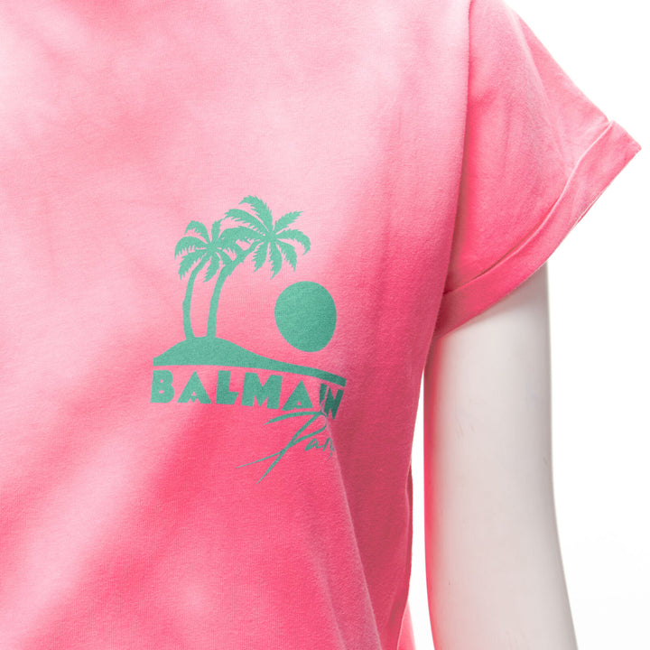 BALMAIN green palm tree logo pink tie dye crew neck cap sleeves tshirt top XXS