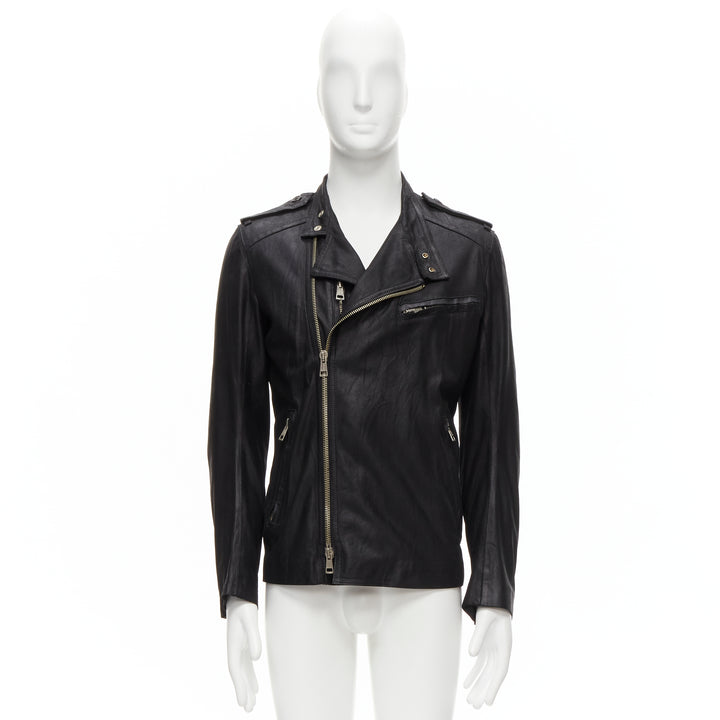 ANN DEMEULEMEESTER Vintage black washed leather classic moto biker jacket XS