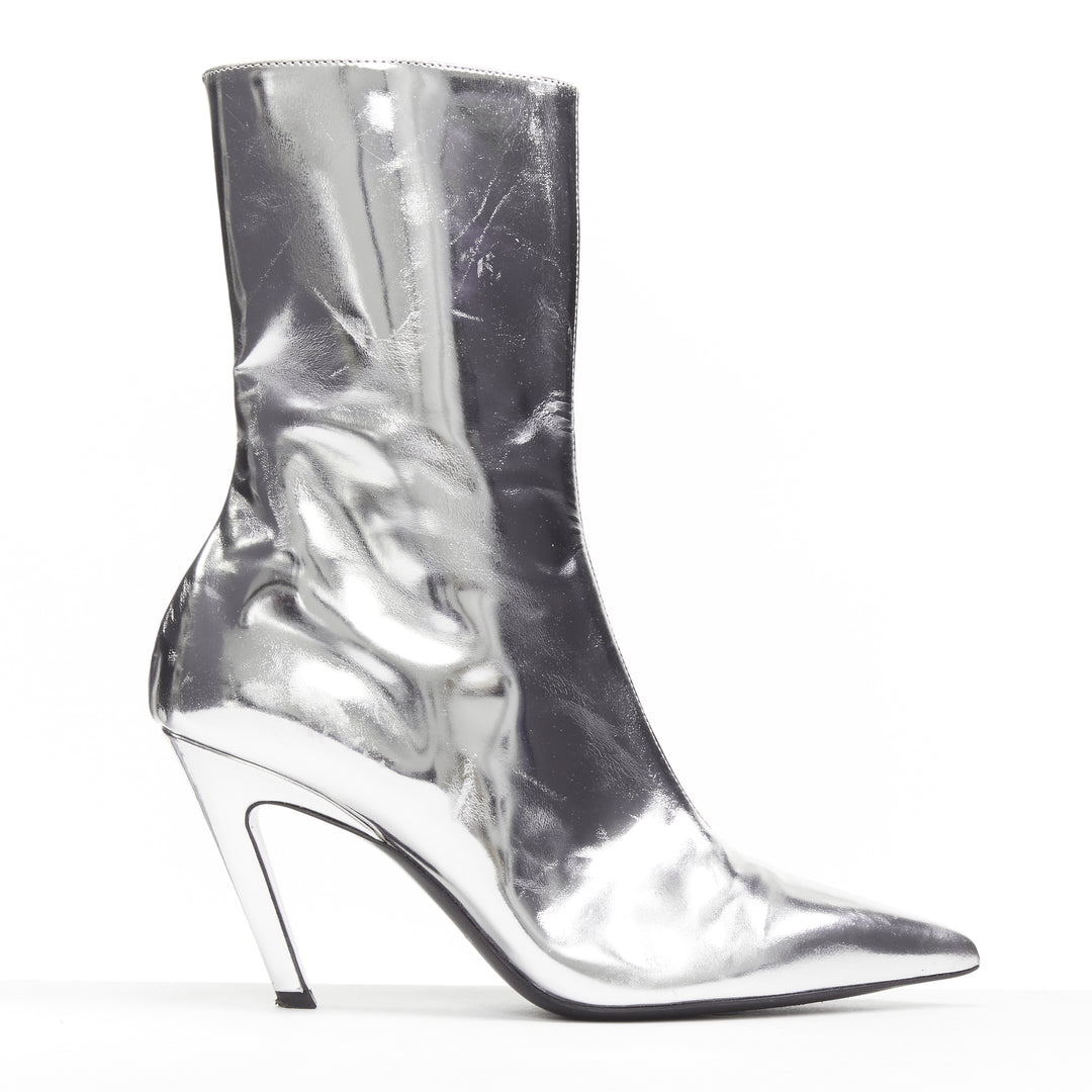 BALENCIAGA Demna silver metallic mirrored leather high ankle boots EU38
