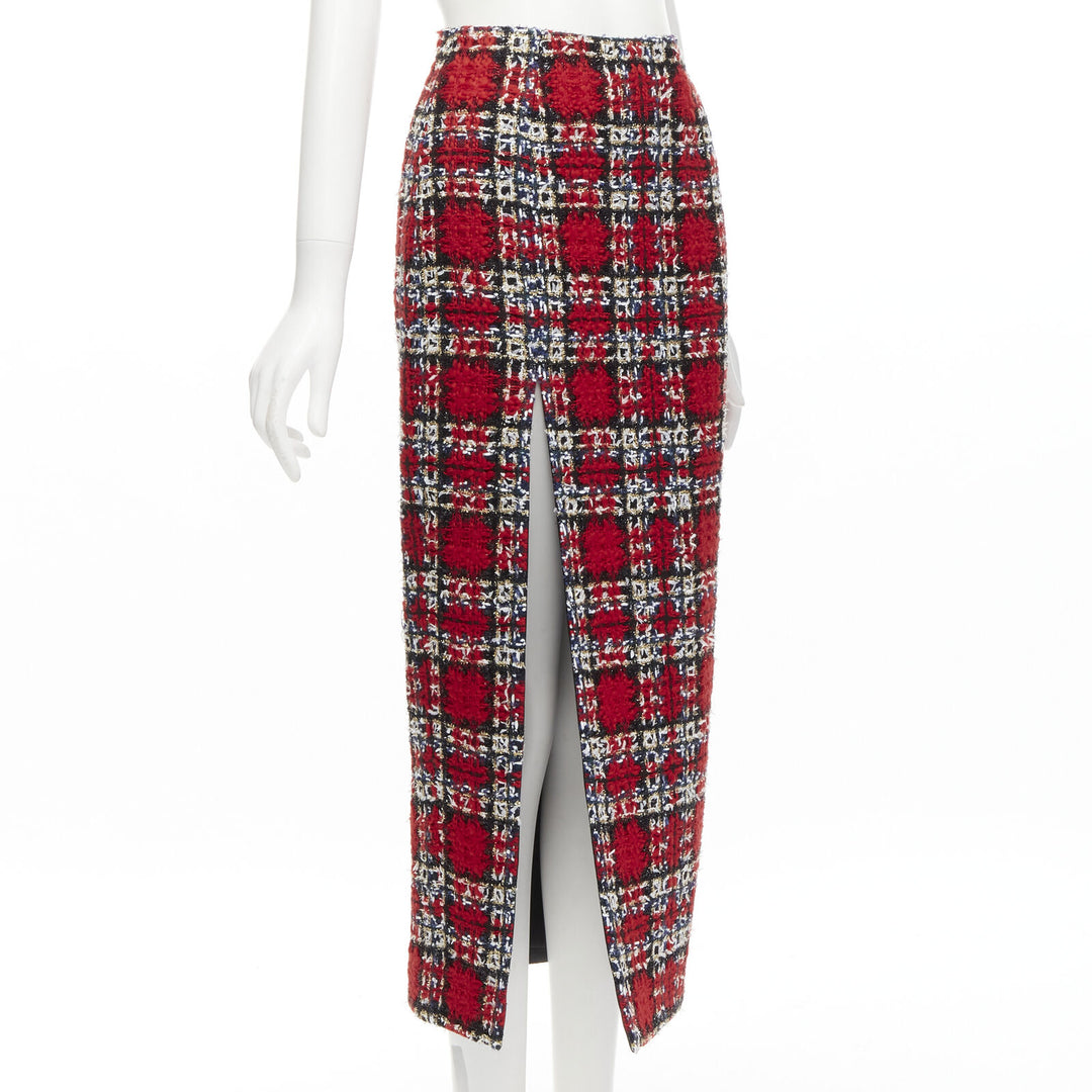 HALPERN red plaid check tweed high slit pencil midi skirt FR34 XS