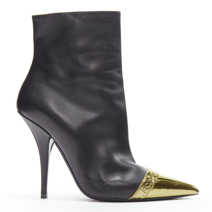 TOM FORD black leather gold toe cap logo stiletto heel ankle boots EU39
