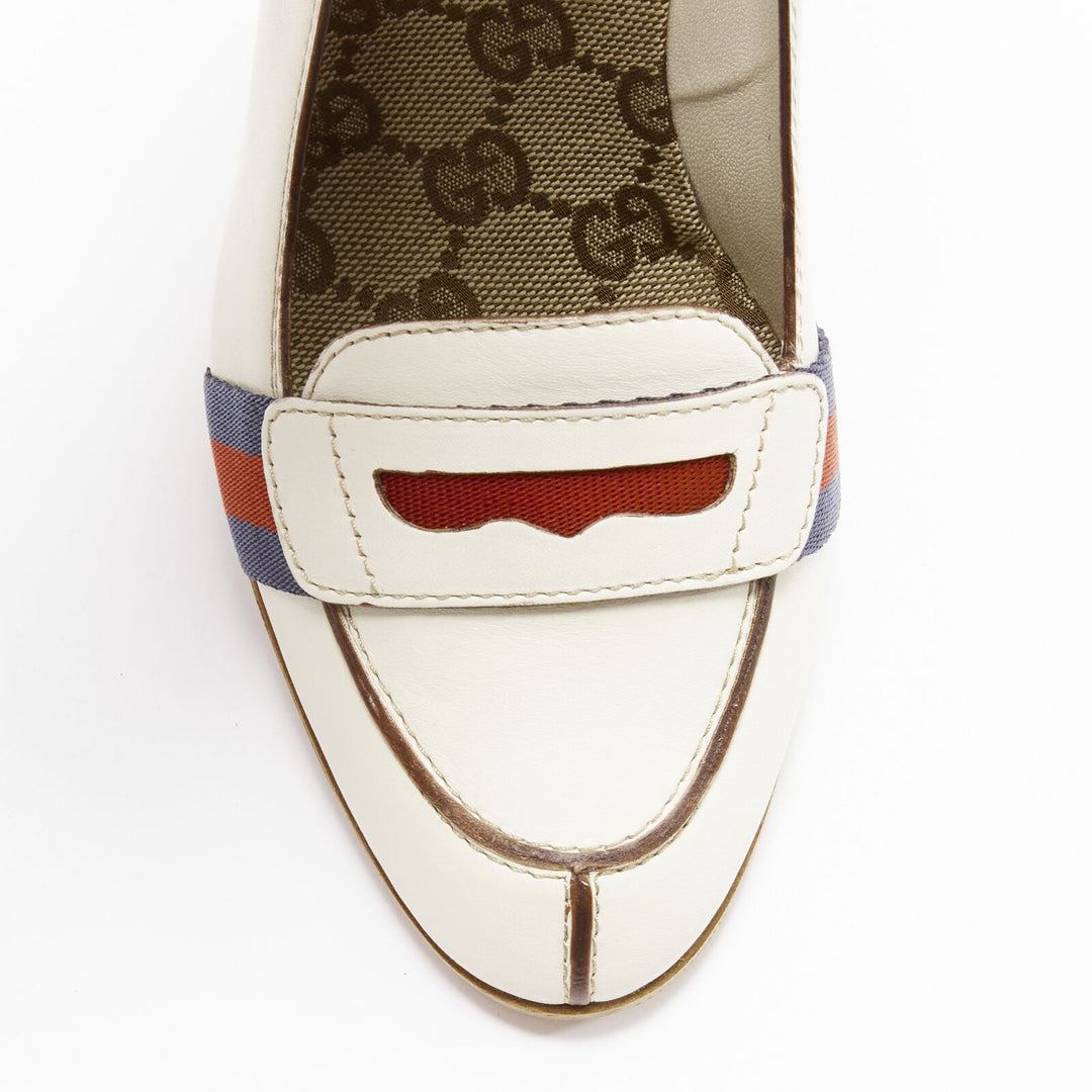 GUCCI white signature Web brown piping high heel loafer pumps EU36.5