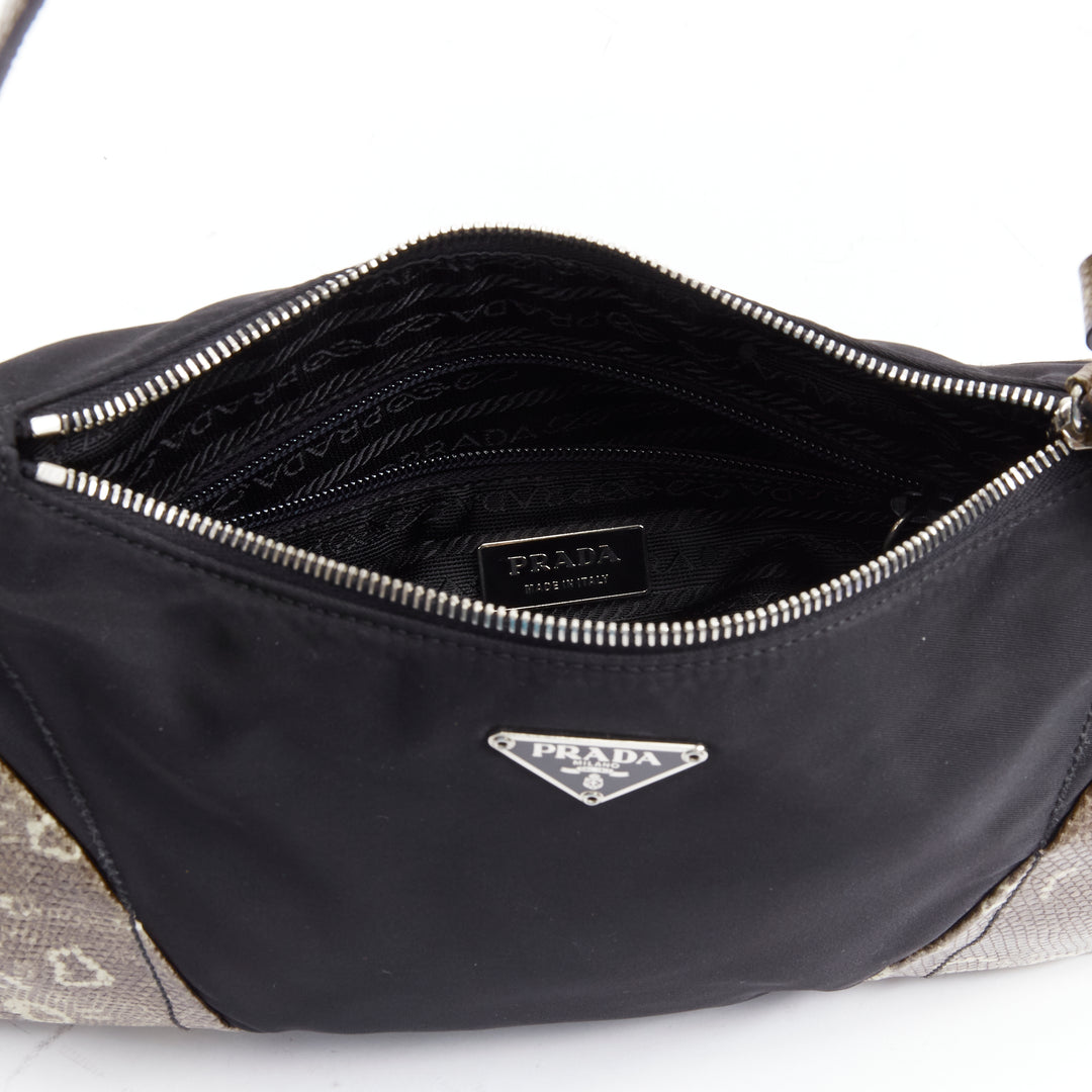 PRADA Vintage triangle logo black nylon khaki scaled leather trim underarm bag