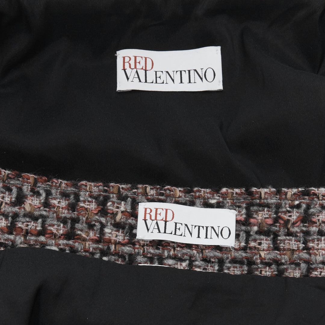 RED VALENTINO red grey wool tweed black ruffle trim jacket skirt set