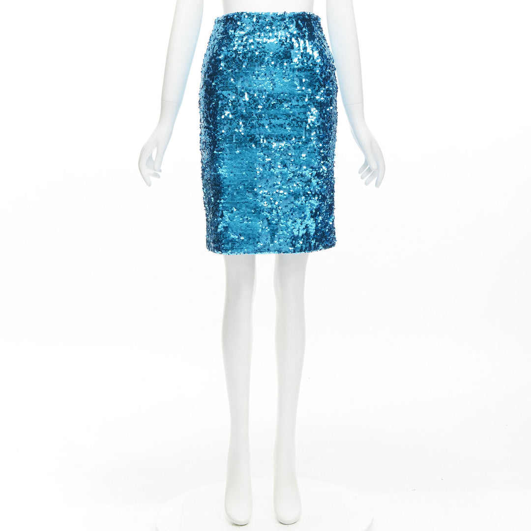 ALICE OLIVIA blue bling sequins side zip disco party pencil skirt US0 XS