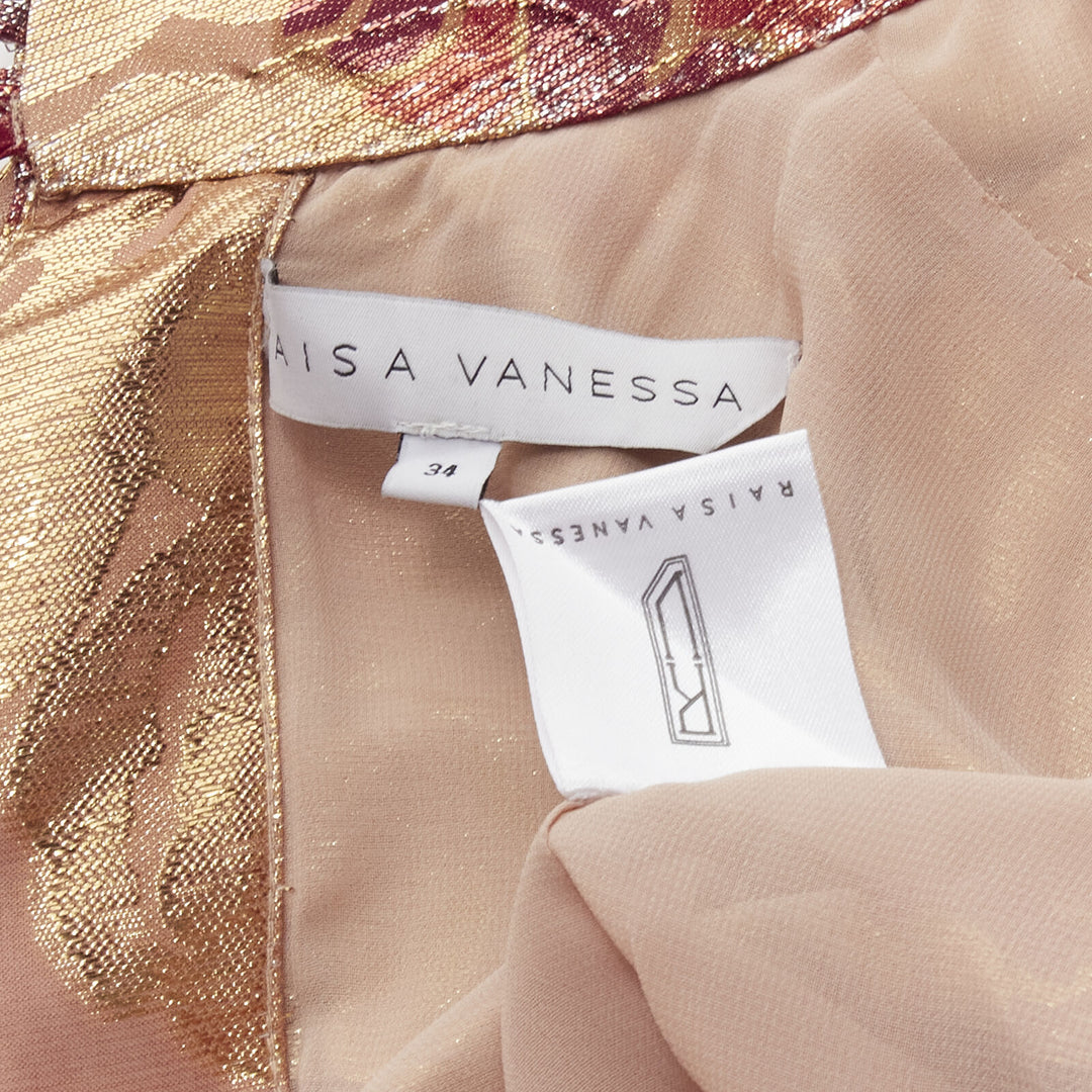 RAISA VANESSA rose gold foil jacquard rhinestone buttons Victorian top FR34 XS