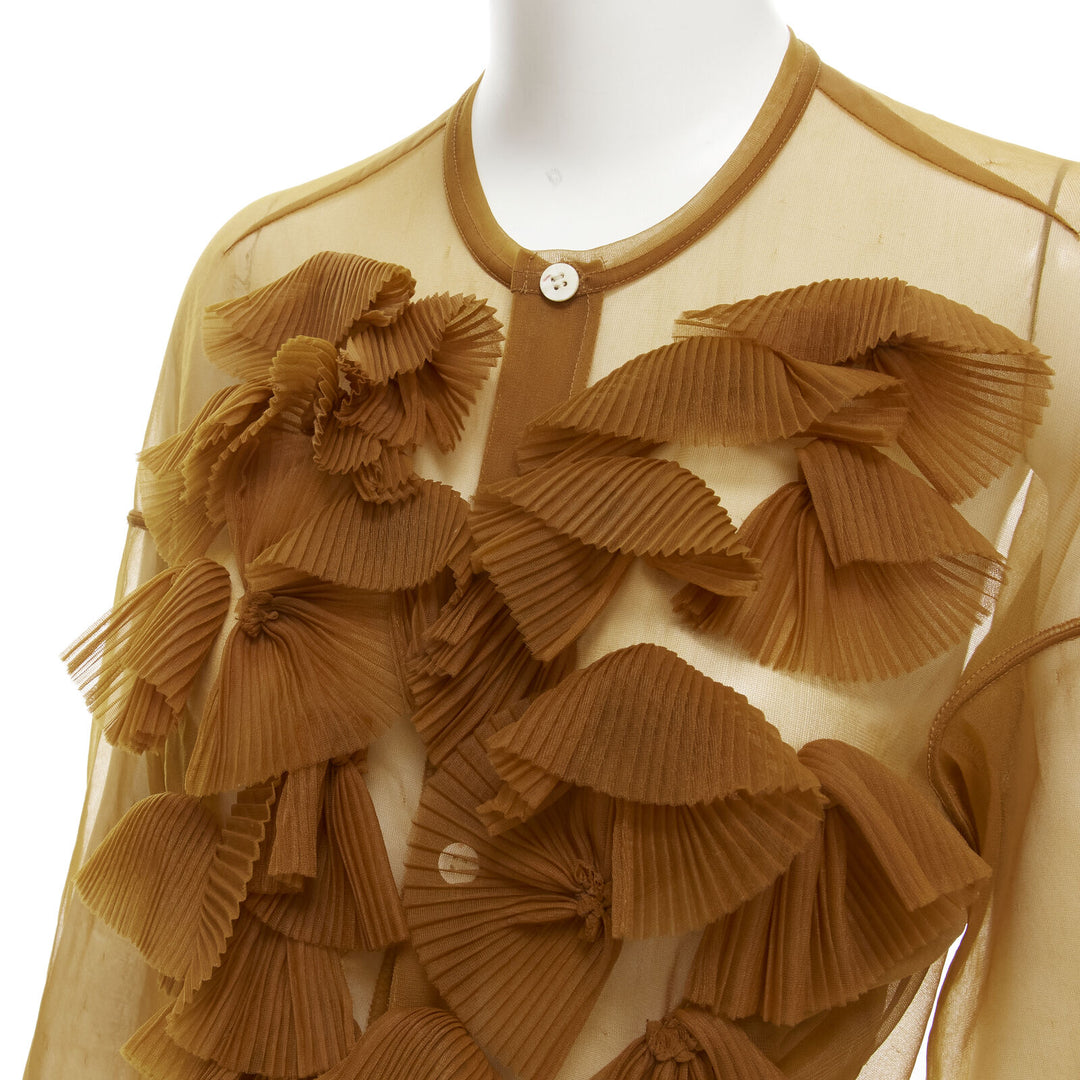 Runway COMME DES GARCONS 1990s sheer brown pleated ruffle button front shirt M