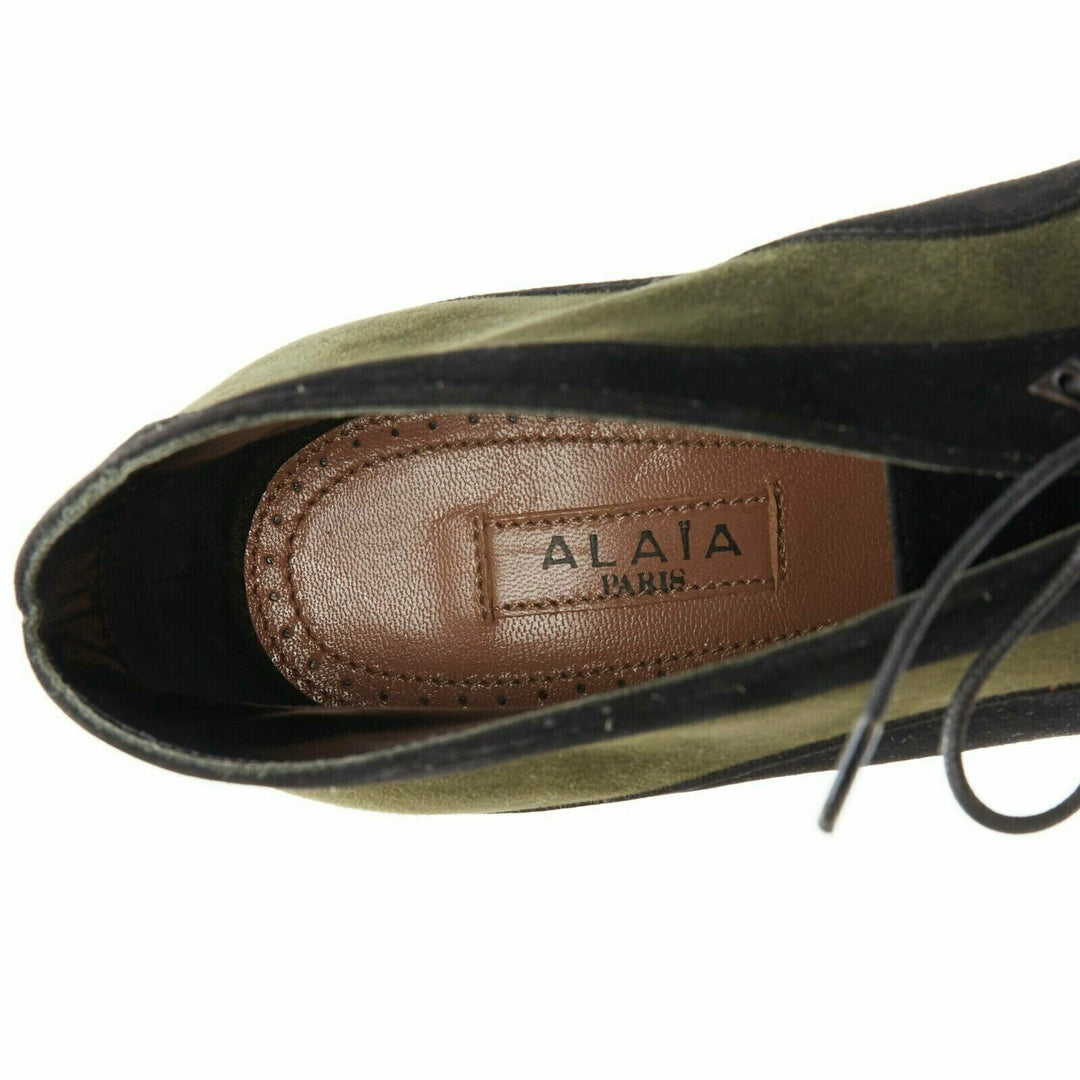 ALAIA black green suede leather lace up platform ankle bootie EU37