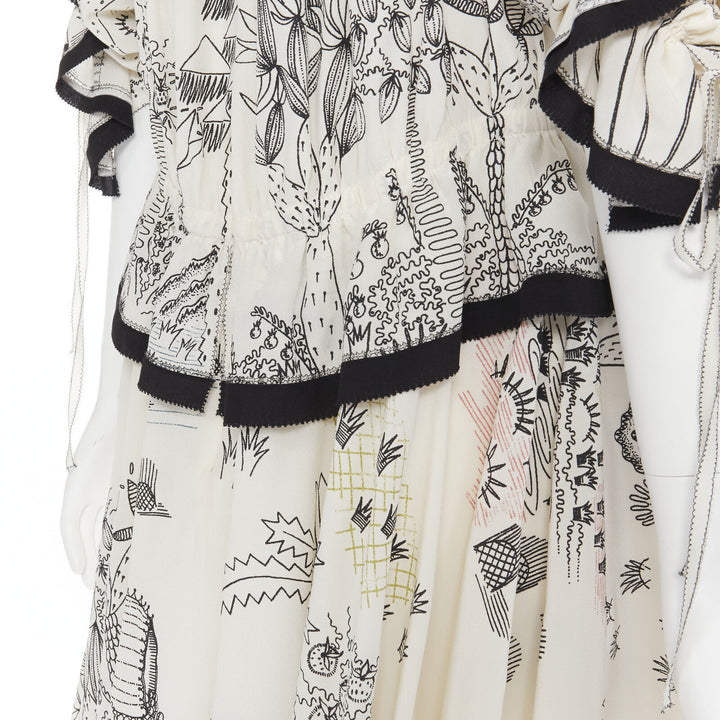 VALENTINO Garden illustration print silk off shoulder lace up dress IT40 S