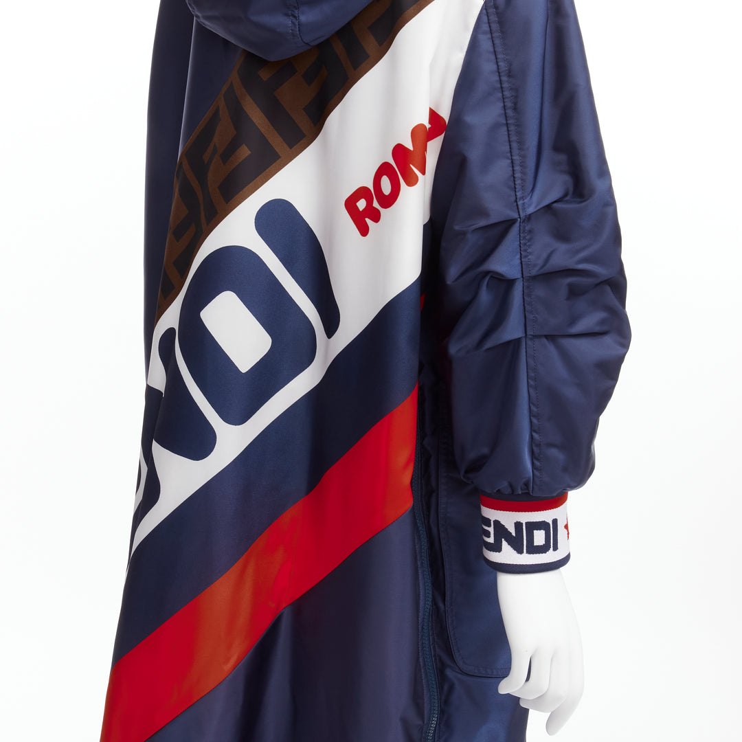 FENDI FILA 2018 Runway oversized logo navy nylon hooded padded coat S