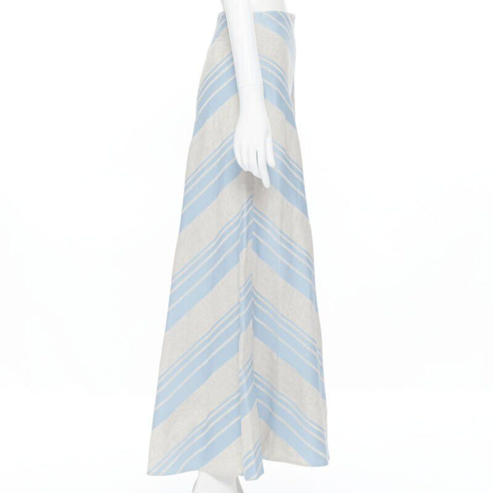 LEE MATTHEWS light grey blue striped linen cotton flared midi casual skirt US0