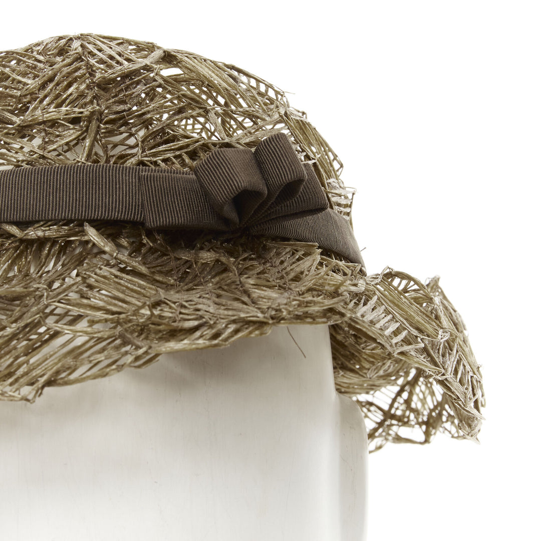 vintage LAURENCE PARIS brown straw raffia woven bow grosgrain boater hat