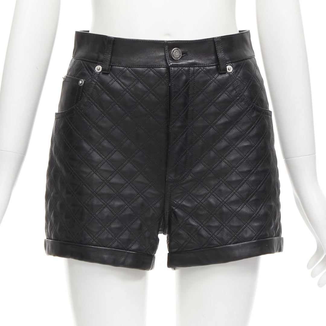 SAINT LAURENT 100% lambskin leather black quilted high waisted shorts FR36 S