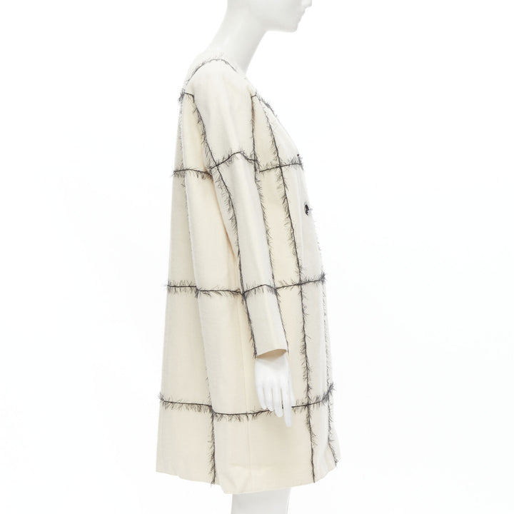 VERONIQUE LEROY cream wool frayed check toggle button double breasted coat FR36
