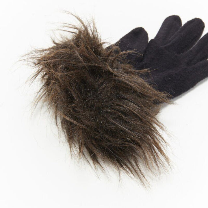 YOHJI YAMAMOTO black washed wool brown faux fur trimmed winter gloves