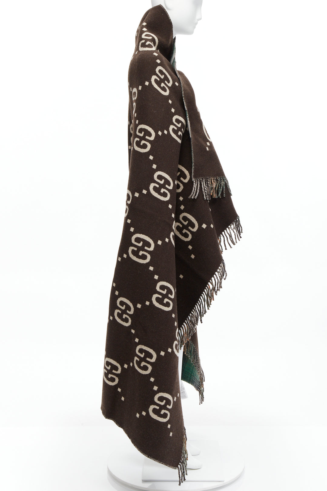 GUCCI 100% wool green red plaid tartan brown GG monogram blanket scarf