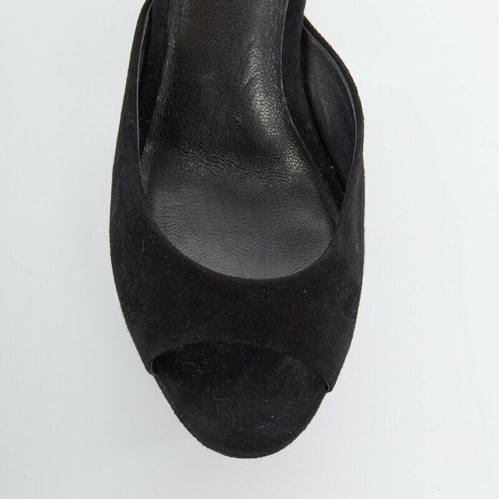 CELINE PHOEBE PHILO black suede cut out platform wedge ankle cuff heels EU36 US6