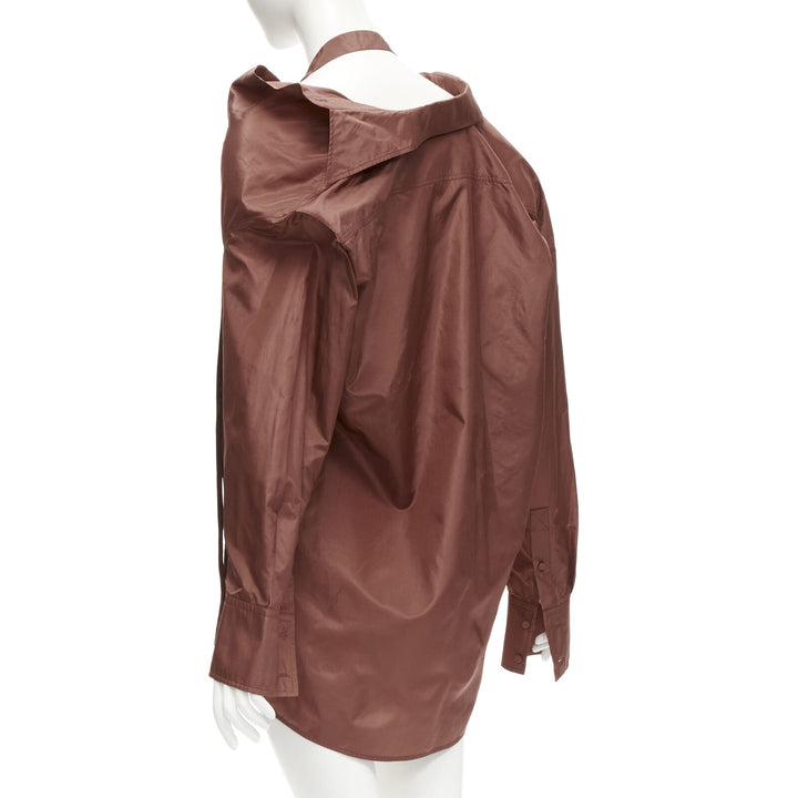 VALENTINO 2022 Runway brown silk taffeta wide collar neck tie shirt IT38 XS